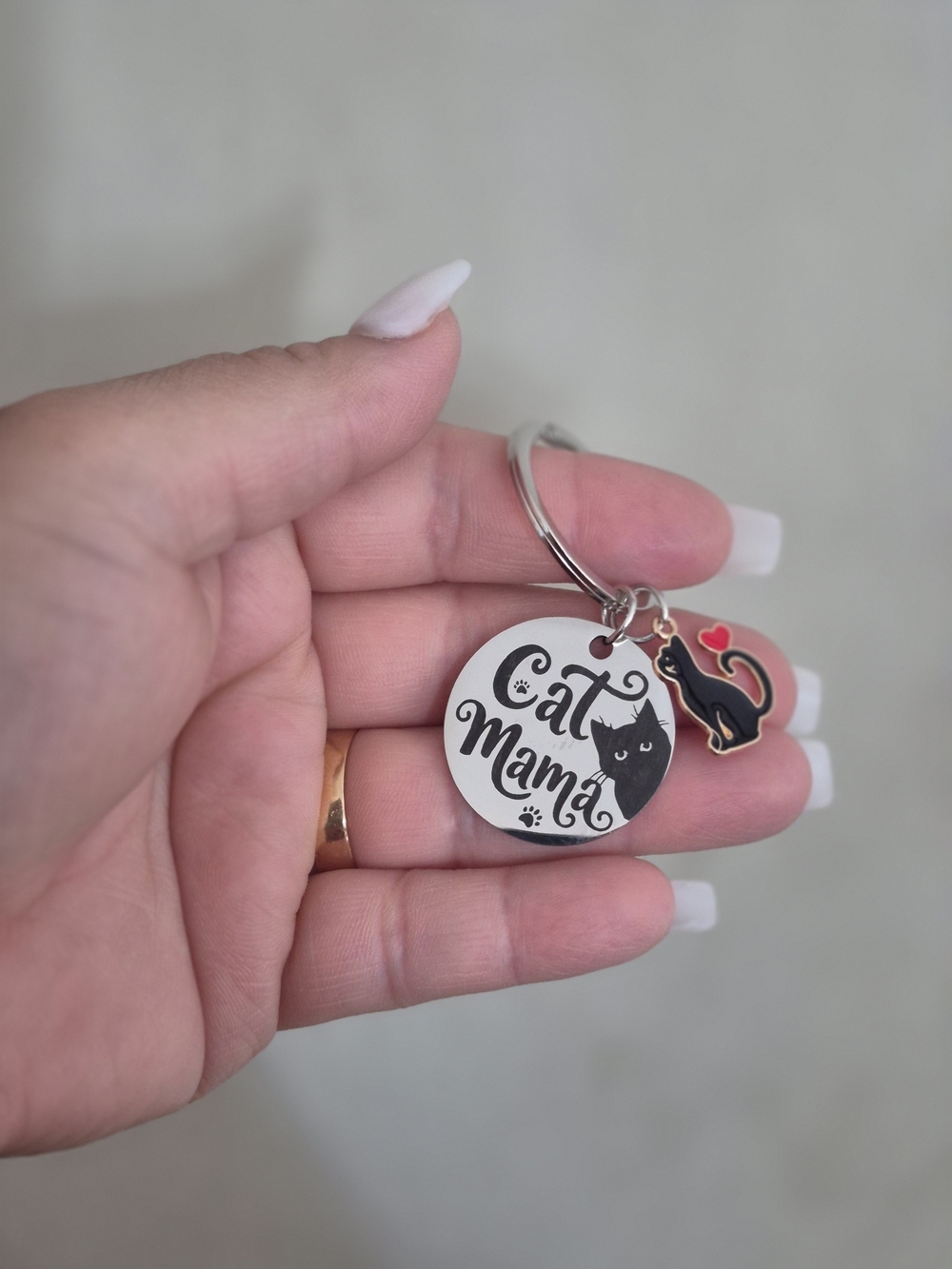 Cat Mama Keyring Charm - Black & Red Cat Accent